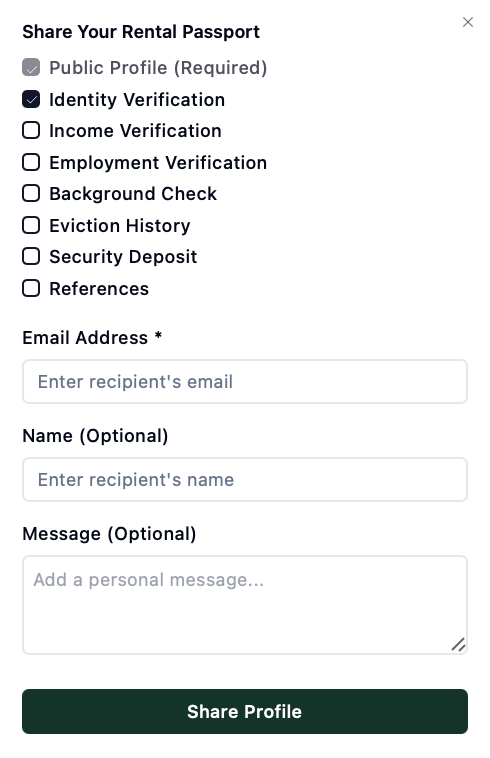 Share Rental Passport dialog